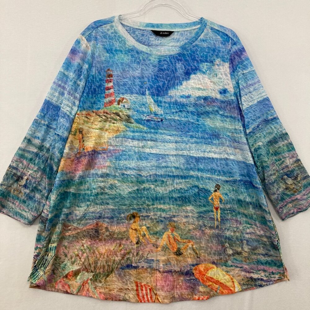 Ali Miles size 1X Artsy Water Color Crinkle Textured 3/4 Sleeve Stretch Top